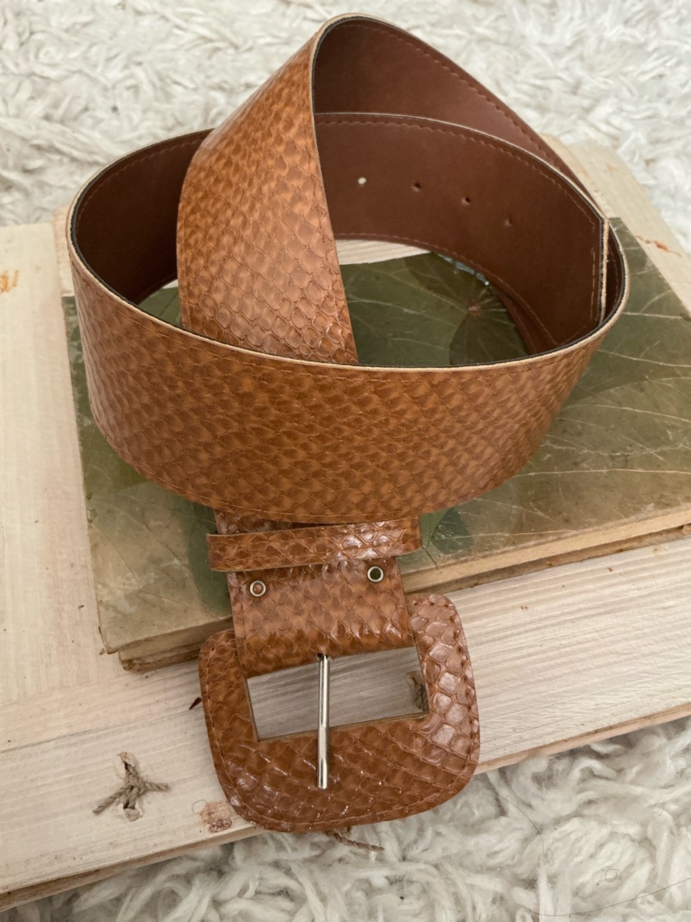 VINTAGE Tan Wide Faux Snakeskin Belt